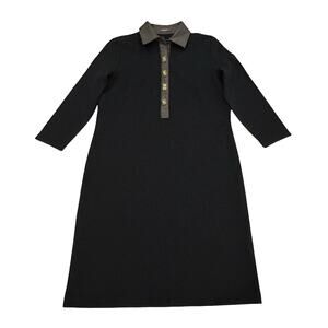 J.McLaughlin Black Falcon Dress Size S Brown Faux Leather Collar Turnlock Button